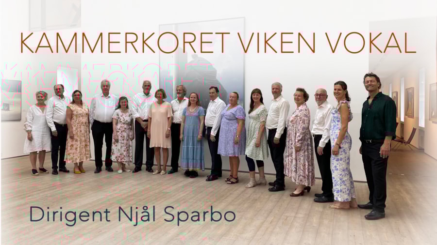Et kor står på rekke. Øverst på bildet står det: Kammerkoret Viken vokal. Nederst på bildet står det: Dirigent Njål Sparbo.