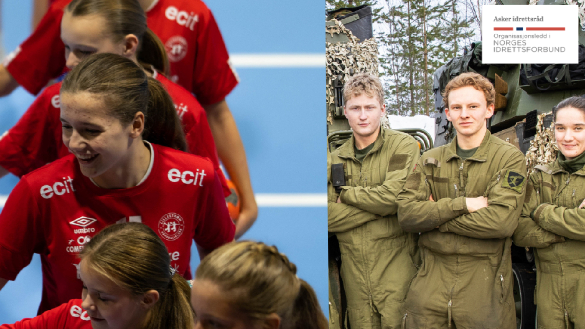 Ungdommer som takker for kamp på innendørs idrettsarena og ungdommer i forsvaret forran en tanks