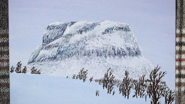 Maleri av vinterfjell, i akryl