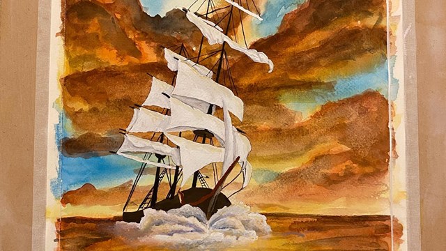 Maleri av skip i soloppgang, i akvarell og gouache
