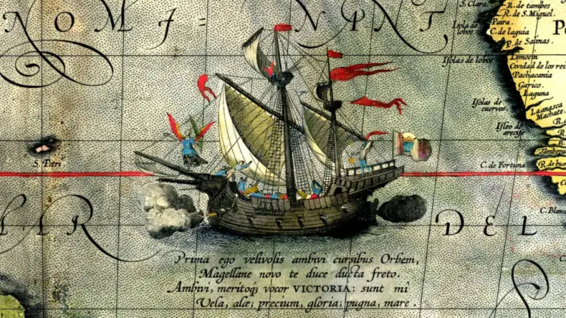 Illustrasjon av skipet til Magellan på et sjøkart