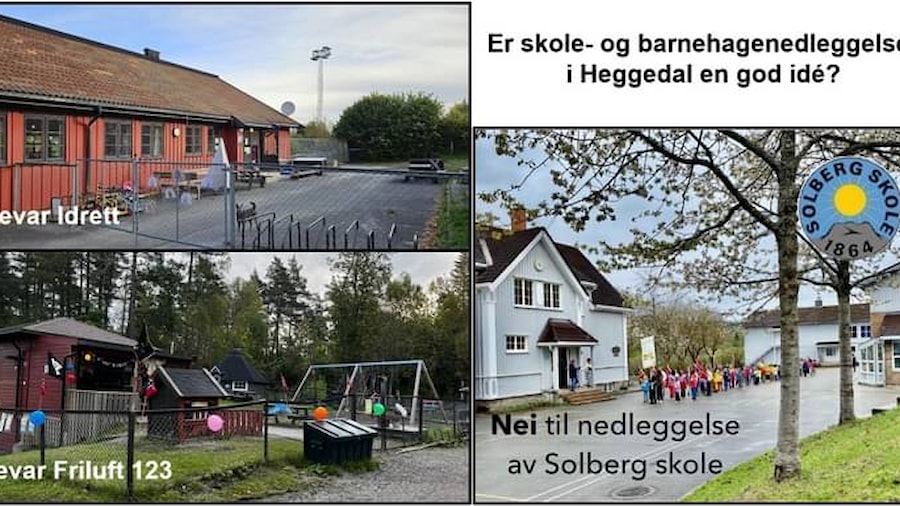 Bilde av barnehager og skoler med teksten "Er skole- og barnehagenedleggelser i HEggedal en god idé?"