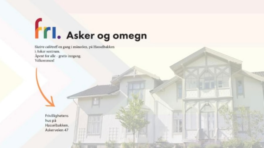 Regnbueflagg som ligger som et filter over fasaden på Hasselbakken; ett hvitt hus med to etasjer og flertalige vinduer