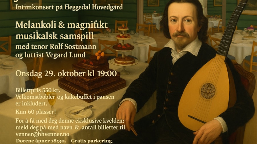 KI av renessansartisten John Dowland satt inn i interiøret på Heggedal Hovedgård