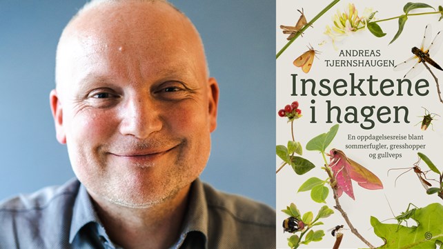 Hodeportrett av smilende forfatter til venstre, bokcover med insekter og blader til høyre