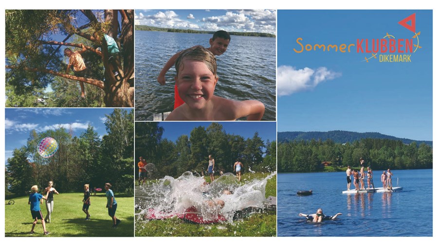 Flere bilder av ulike aktiviteter vi gjør på Sommerklubben Dikemark. Bildene viser noen som klatrer i trær, noen barn som leker sammen med en stor ball, vannsklie, barn som bader sammen og to barn som smiler etter et godt bad.