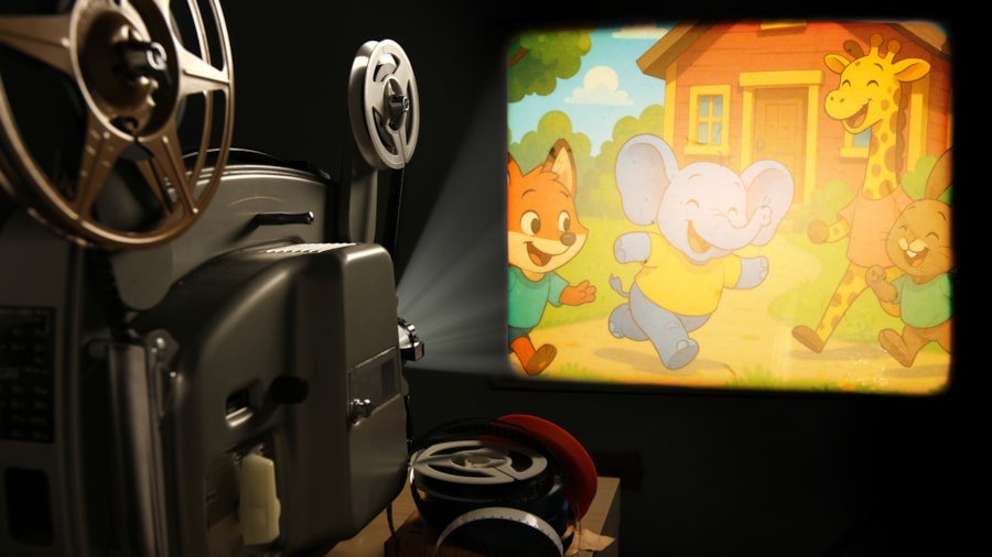 Illustrasjon med filmkamera mot lerret som viser en barnefilm med dyr