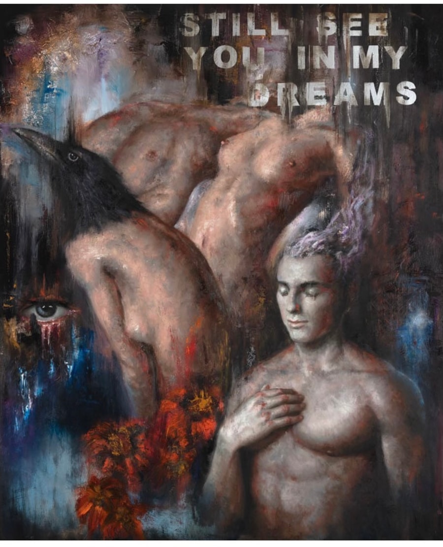 Maleri av mennesker med nakne overkropper som smelter inn i naturen