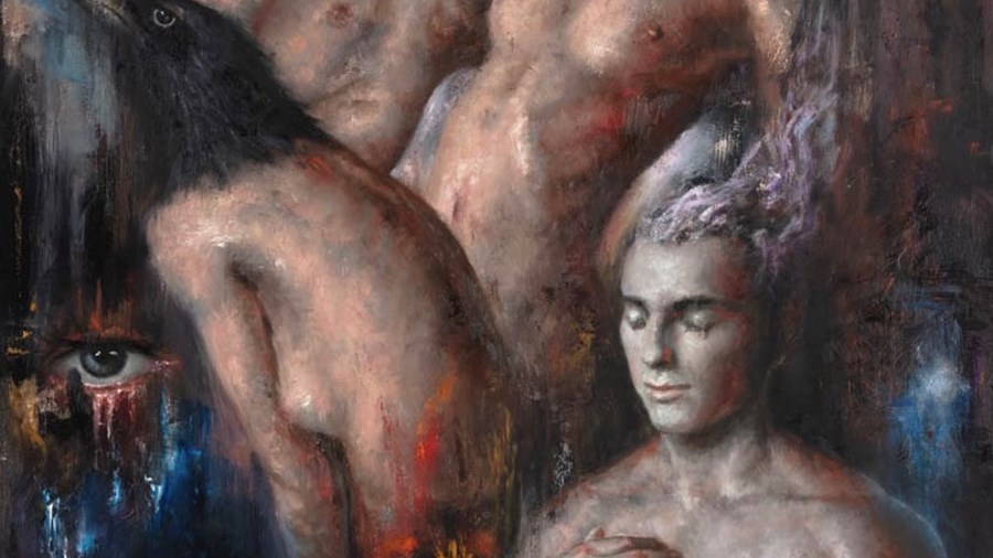 Maleri av mennesker med nakne overkropper som smelter inn i naturen